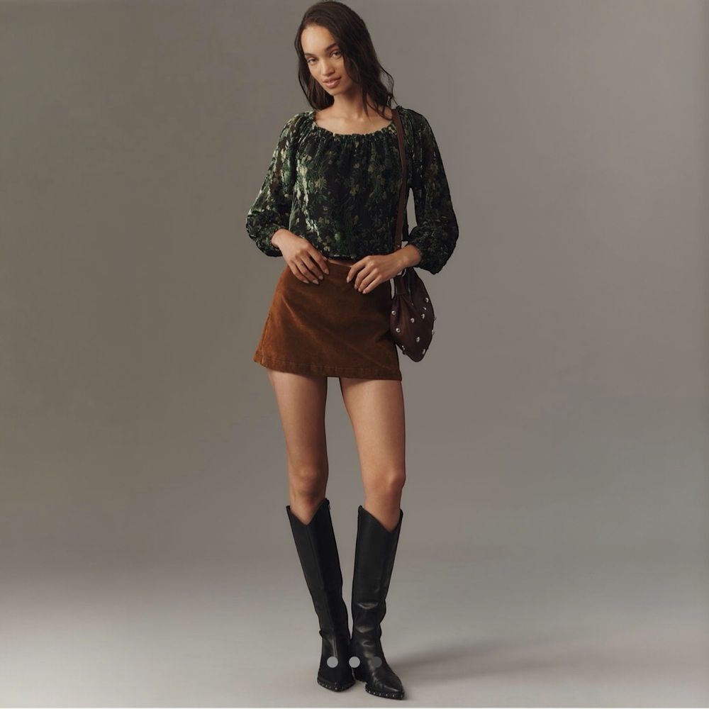 NWT By Anthropologie Off-Shoulder Burnout Velvet Blouse Green Black Size Small